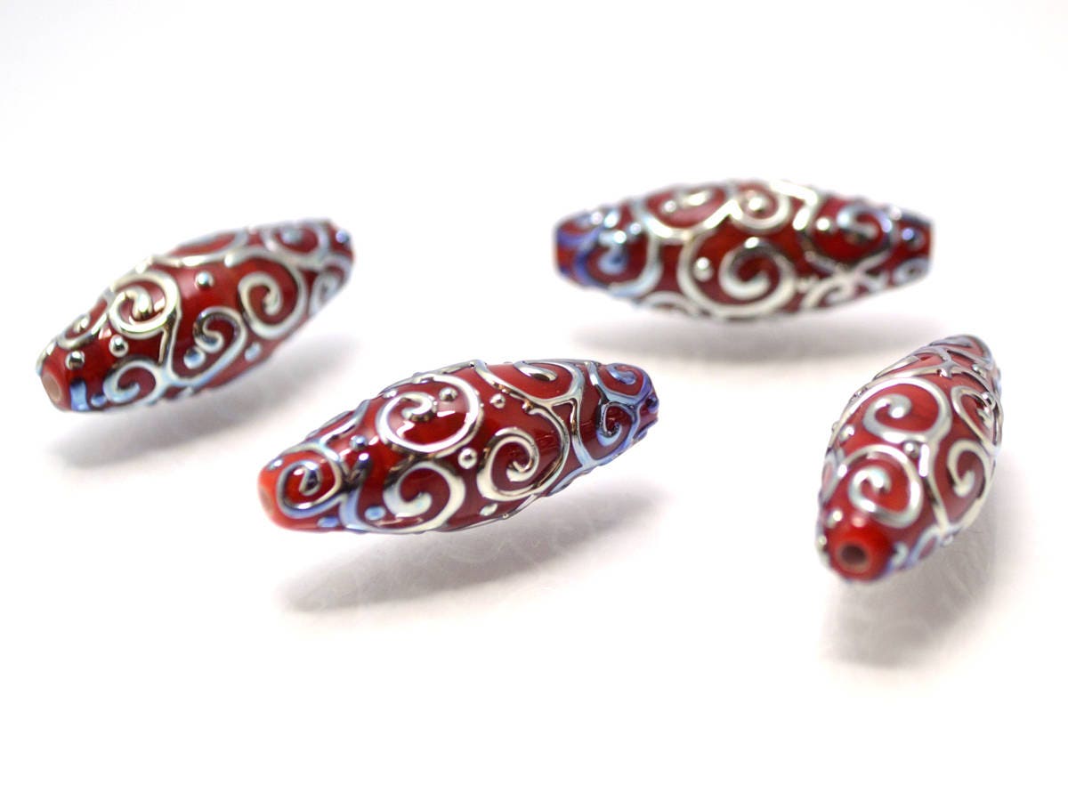 red silver lampwork beads artisan lampwork lampwork beads set rhombus oval textured mirror beads jewelry making bright deep red silver glass
