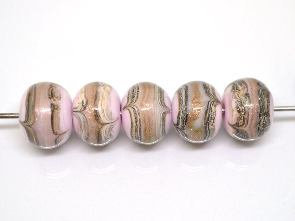 Pink and Gold glass beads, Gold sand Glass beads, Artisan lampwork, Beads for bracelet, Pale pink glass beads, Lampwork Beads set