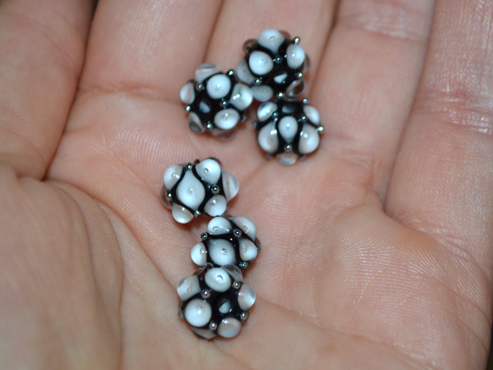 Black white lampwork bead, 10mm glass beads, Handmade lampwork, Artisan lampwork, Beads for earrings, Rondelle beads, Made for order