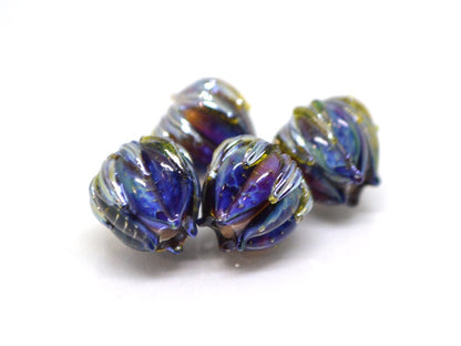 Amazing black blue silver flower beads, Lampwork bud beads, Floral lampwork, 10mm flower beads, Artisan lampwork, galaxy glass beads,netting