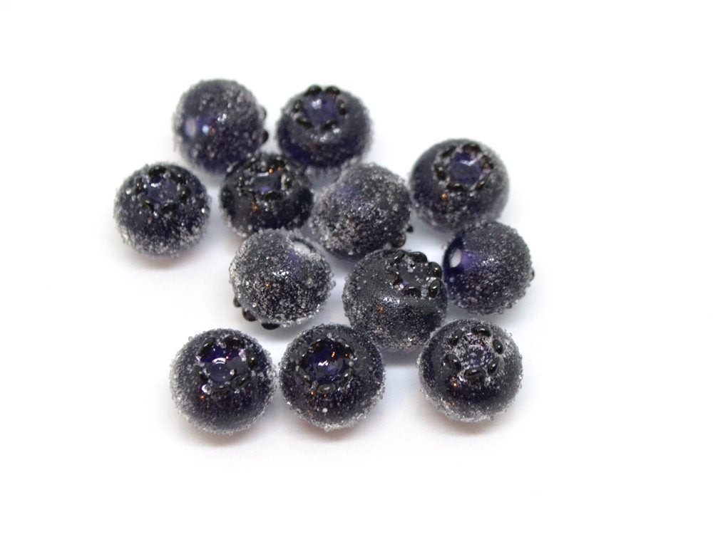 Dark purple glass berries, Frost berry beads, Lampwork blueberry, Purple berry, Glass fruits