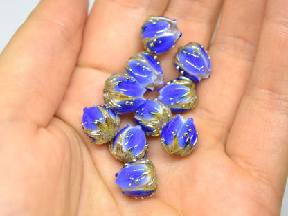 Dark blue bead with gold drops, 10mm Handmade Lampwork flower bead, Floral Lampwork, Cobalt blue beads, Jewelry supplies, Beads for crafts
