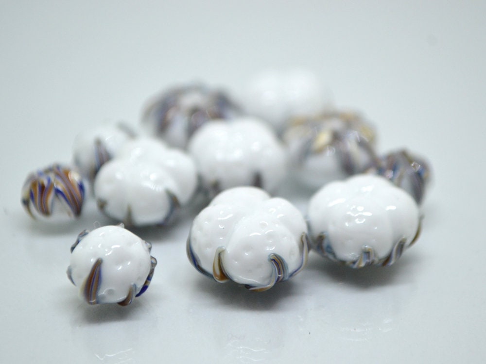 Lampwork cotton flower, Cotton flower beads, Nature inspired, Artisan lampwork, white silver beads