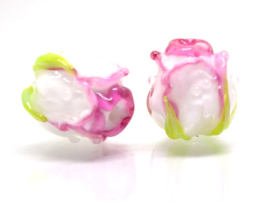 Amazing pink white rose bud beads, lampwork rosebud, Glass rose beads, Artisan lampwork, Floral Jewelry, Jewelry making, Flower lampwork