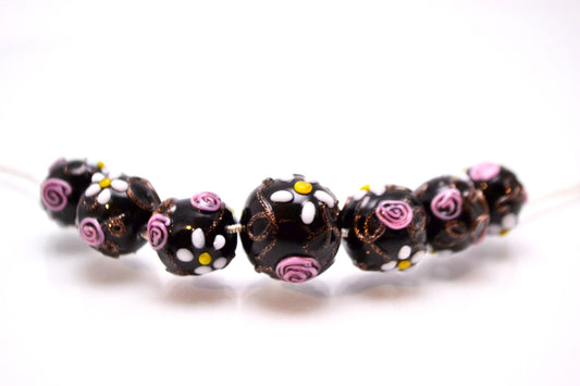 Italian glass jewelry murano glass bead black pink bead bracelet black lampwork artisan bead bead jewelry making chamomile bead jewelry