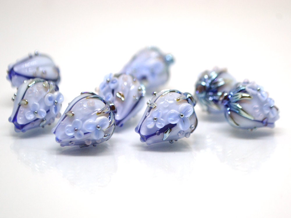 Blue Glass flower bouquet on lampwork bud beads, Pale blue lampwork beads, Miniature flowers, Something blue