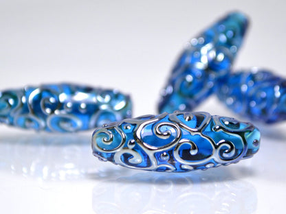lampwork glass handmade bead rhombus oval bead swirl aqua jewelry supplies blue design bead artisan lampwork glass set silver curls on blue
