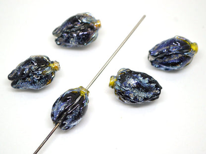 Black rose bud beads, Glitter Lampwork Bead, Floral lampwork beads, Sparkly beads, Glitter beads