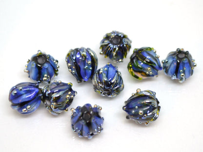 Blue black flower glass beads, Artisan lampwork floral beads, 10mm flower beads, space beads, Floral lampwork, Black flower blue silver