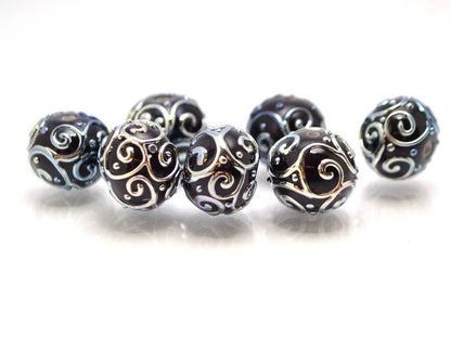 black red lampwork handmade bead artisan lampwork bead set jewelry making round bead silver curl dots red and black glass lampwork beads