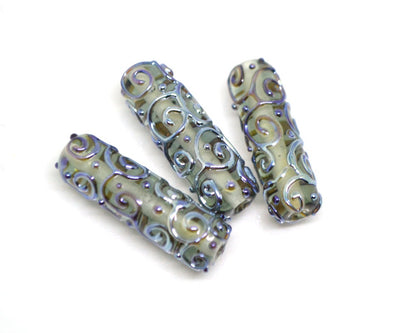 Gray lampwork tube bead, Silver mirror swirl transparent bead, Jewelry making supply, Artisan lampwork, Textured beads, Focal beads, Smoky