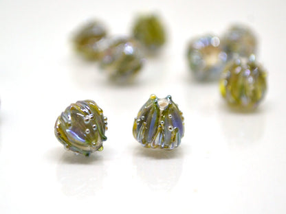 Olive gold flower beads, 7mm glass beads, Small flower beads, Tea green floral beads, Tiny flower beads