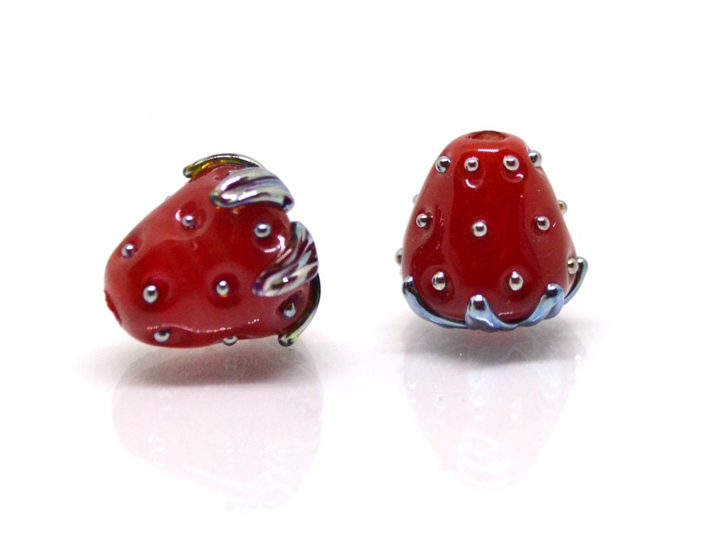Big 12mm Strawberry lampwork beads, Red glass berry, Glass strawberry, Berry fruit beads, Red silver berry beads