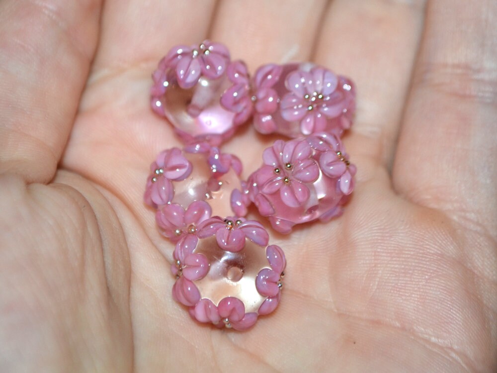Pink flower beads, Clear Rondelle beads with flowers, Rondelle lampwork, Handmade lampwork, rondelle glass beads, lampwork spacer,Pink bead