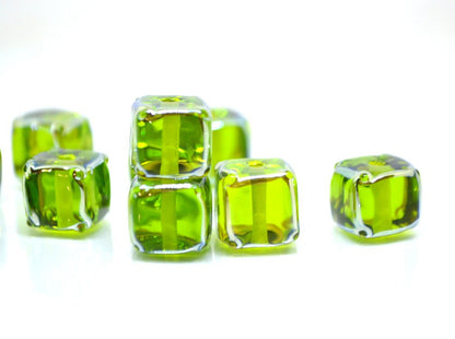 Salad green glass beads, Verdant green beads, Handmade green cube beads, Lampwork cube bead, Square lampwork bead, Geometry lampwork