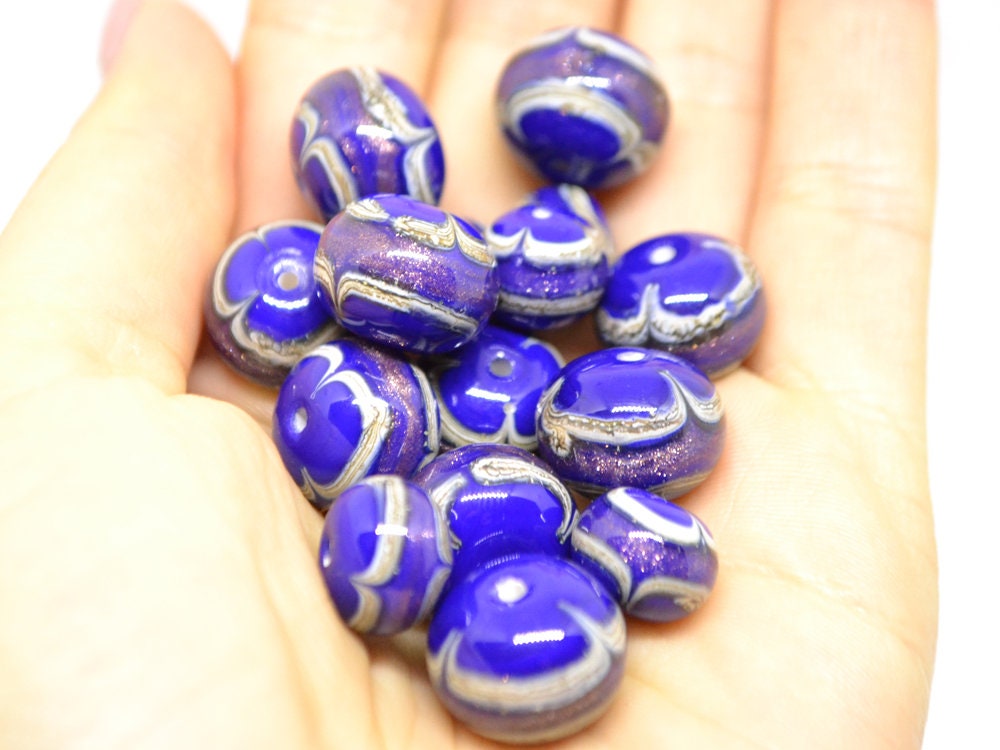 Murano glass blue lampwork Venetian italian glass Dark blue Ethnic beads Handmade bead Rondelle bead Cobalt blue glass beads jewelry making