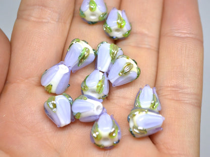 Pale Lavender green flower beads, 10mm beads, Light purple floral beads, Artisan lampwork, Handmade Lampwork, Floral lampwork, Pastel beads