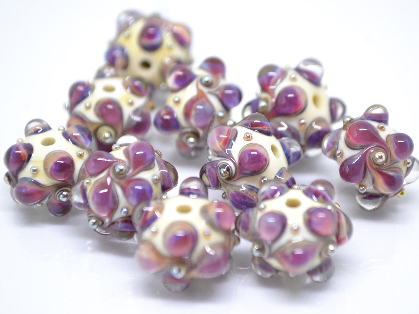 Purple beige Lampwork bead, Purple Ivory glass beads, Pastel lampwork beads, Focal beads, Artisan lampwork, Handmade bead, Rondelle beads