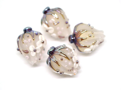 White Glass flower bouquet on lampwork bud beads, Miniature flowers, Glass miniature, Artisan lampwork, White silver glass flower beads