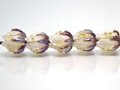 White 10mm flower lampwork beads purple gold, Wedding jewelry making, White necklace, Lampwork art, Glass flower beads Floral beads Handmade