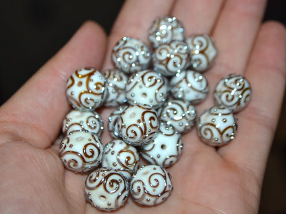 White beads with silver curls, Glass art beads, Handmade lampwork beads, Artisan lampwork Set, Round beads, Jewelry making, Beads set