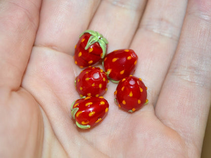 Red Strawberry lampwork beads, Glass berries, Lampwork strawberry, Berry fruit beads, Red green beads, Nature inspired, artisan lampwork