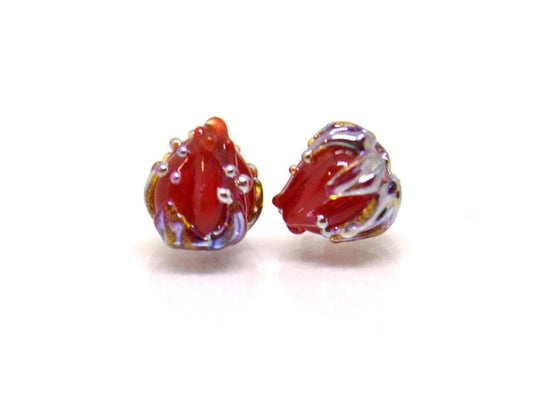 Deep red 7mm floral lampwork beads, Red and Silver flower beads, Small glass beads, Half drilled beads, Tiny glass beads, Bordeaux beads