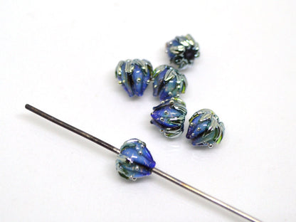 Small 7mm black blue stardust silver flower glass beads, Tiny flower beads, Mini flower beads, Beads wholesale, Artisan lampwork
