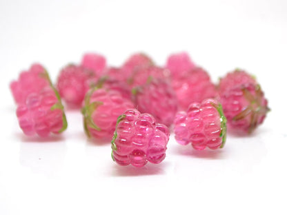 Bright pink lampwork raspberry, Frost glass berries, Lampwork raspberries, Berry fruit beads, Glass Raspberry