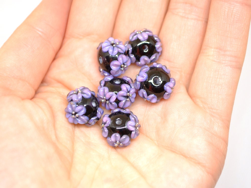 flower lampwork bead black glass beads bracelet artisan lampwork handmade glass bead black purple flower lavender flower earrings necklace