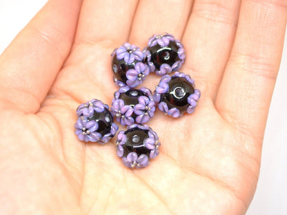 flower lampwork bead black glass beads bracelet artisan lampwork handmade glass bead black purple flower lavender flower earrings necklace
