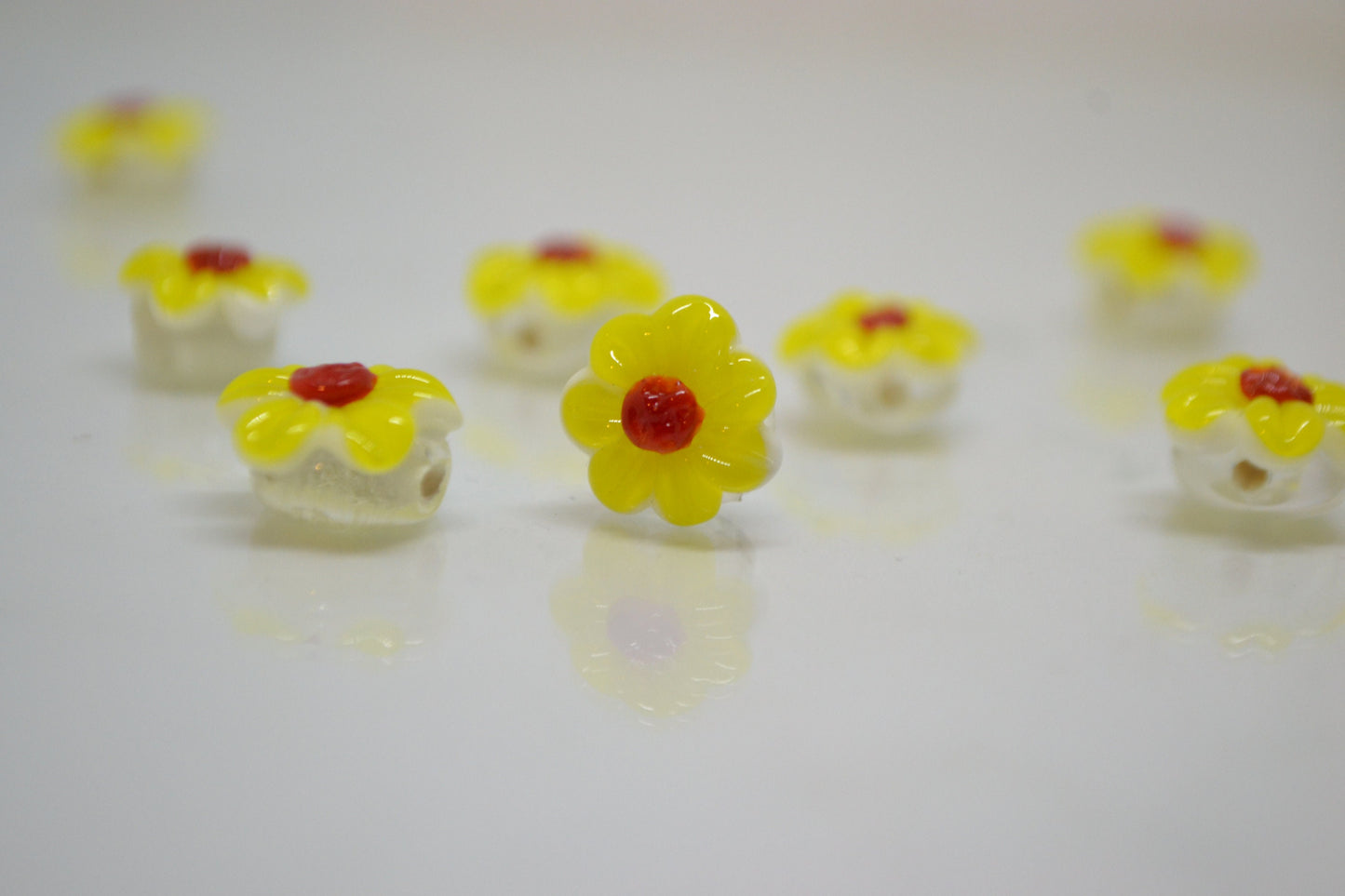 Yellow Chamomile beads, Lampwork Chamomile flower bead, Yellow and red beads, Lentils beads, Yellow floral lampwork