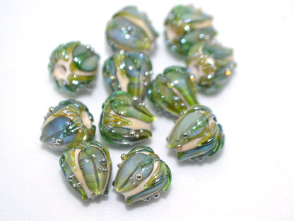 Olive green flower lampwork beads, Pale green glass beads, 10mm flower beads, Artisan lampwork garden floral theme beige gold jewelry supply