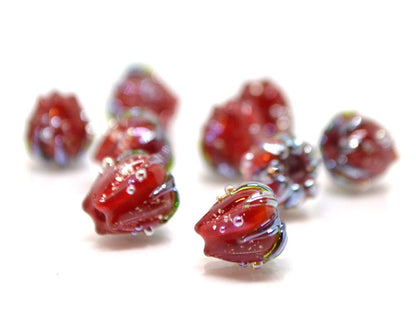 Bright red sparkle flower beads with silver dots, Floral lampwork, 10mm glass beads