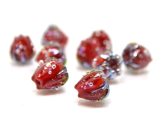 Bright red sparkle flower beads with silver dots, Floral lampwork, 10mm glass beads