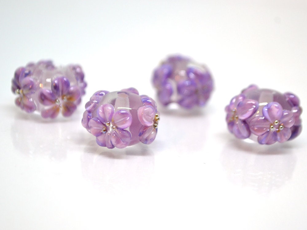 lilac floral lampwork handmade bead purple glass bead handmade lampwork bracelet necklace rondelle bead transparent bead lilac purple flower