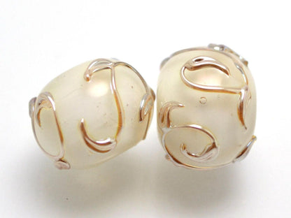 white pearl artisan lampwork bead handmade glass beads for wedding jewelry making set gold sprig twig leaf on white romantic tender earrings