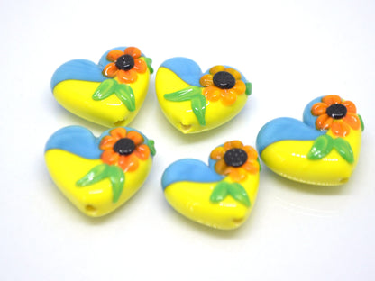 Yellow Blue Glass Heart, Lampwork Heart pendant, Heart with Sunflower, Ukraine symbol, Handmade lampwork, Stand with Ukraine