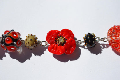 Lampwork bracelet lampwork bead handmade poppy jewelry black red bead bracelet blossom bracelet dot bead floral chain bracelet silver
