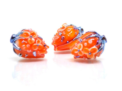 Orange silver flower bouquet lampwork beads, Bright lampwork beads, Artisan lampwork, SRA beads