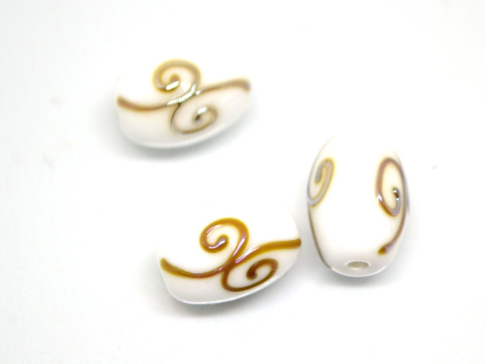 White opaque barrel glass beads gold curles, Oval lampwork beads, Handmade lampwork, Beads for wedding jewelry, Bead set, Beads crafts
