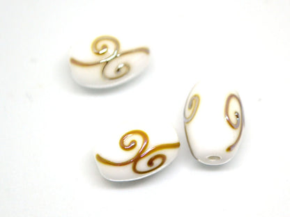 White opaque barrel glass beads gold curles, Oval lampwork beads, Handmade lampwork, Beads for wedding jewelry, Bead set, Beads crafts