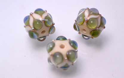 lampwork beads artisan lampwork jewelry making bead handmade art glass bead embossed textured beads green blue ivory Round lampwork beads