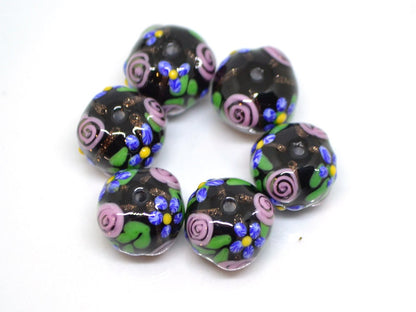 Ethnic black Glass beads, Venetian Glass, Vintage bead jewelry, Black pink glass beads, Artisan lampwork, flower, hutsul beads