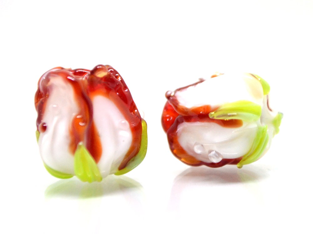 Red white rosebud beads, Red floral lampwork, Lampwork Earrings DIY, Glass rose beads, Spring lampwork, SRA beads, Lampwork pair