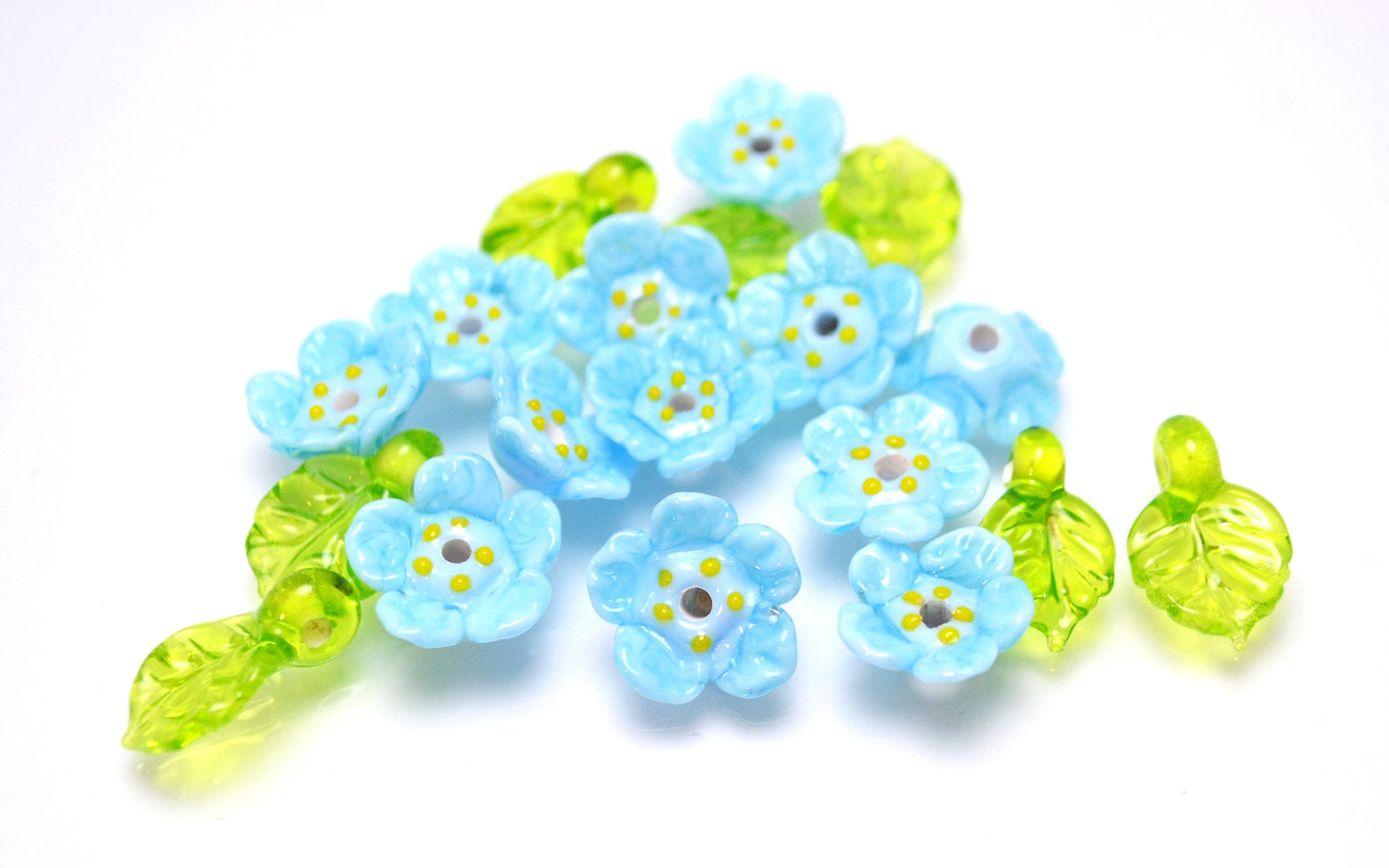 blue jewelry flower blue flower bead necklace making set bracelet making set handmade jewelry green leaf glass artisan lampwork  wildflower