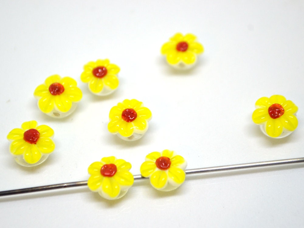 Yellow Chamomile beads, Lampwork Chamomile flower bead, Yellow and red beads, Lentils beads, Yellow floral lampwork