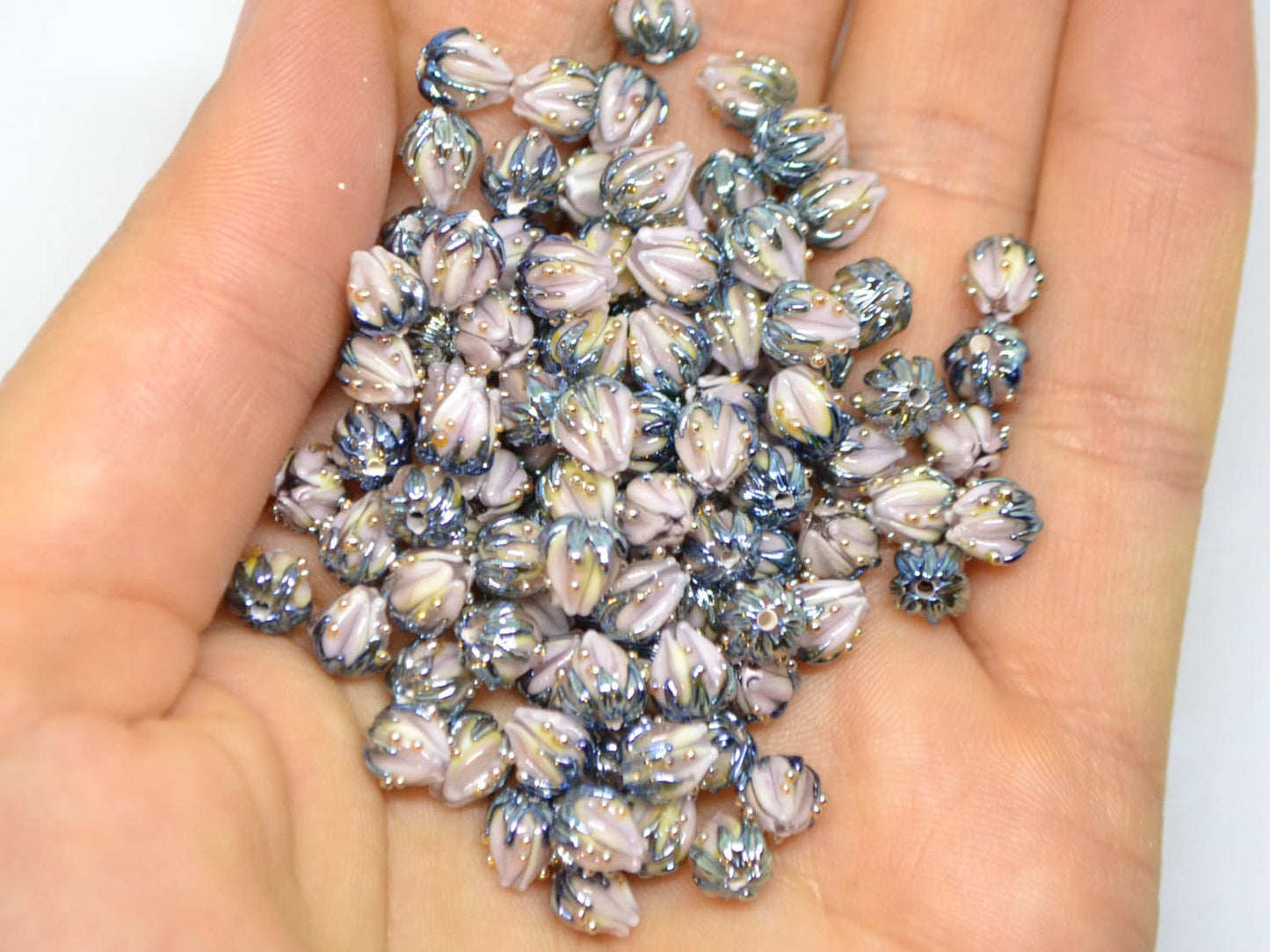 Very tiny 7mm pale pink flower glass beads, Small flower beads,  Half drilled beads, Small flower charm, through hole