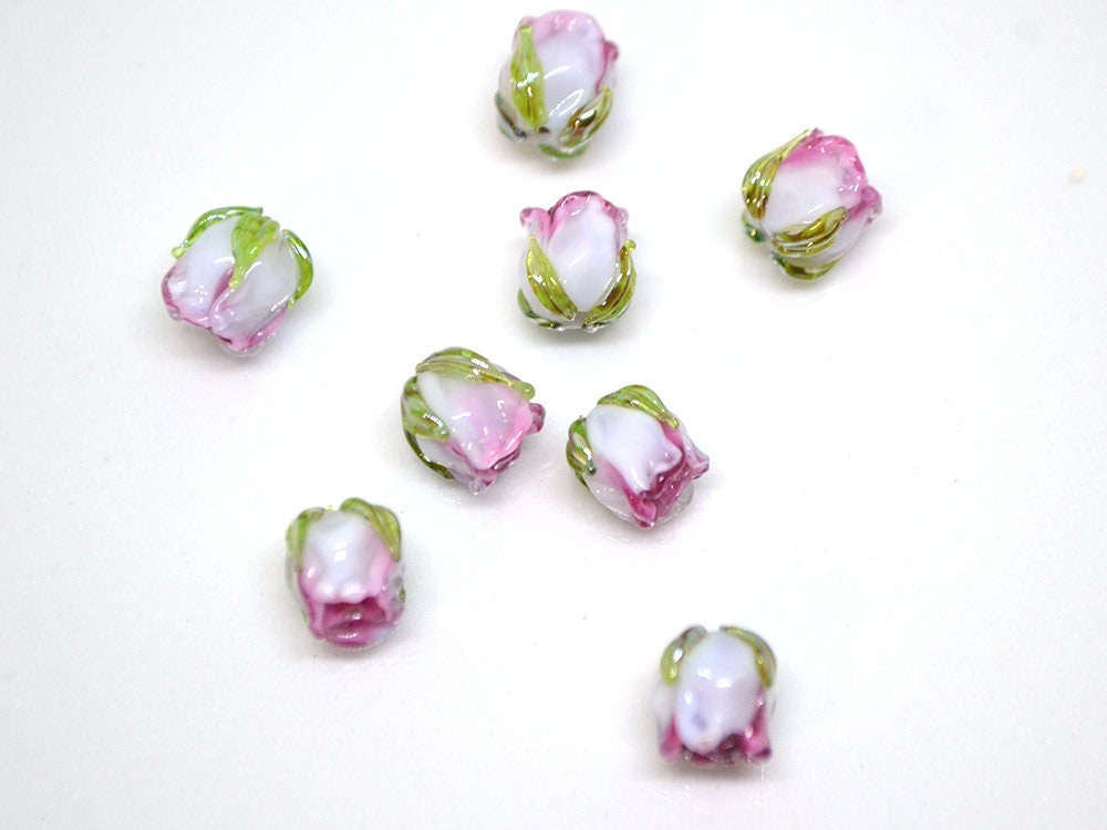 Pink white 8mm rosebud beads with green leaves, Pink Floral beads, Lampwork Rose beads, Flower glass beads, Flower Earrings,Artisan Lampwork