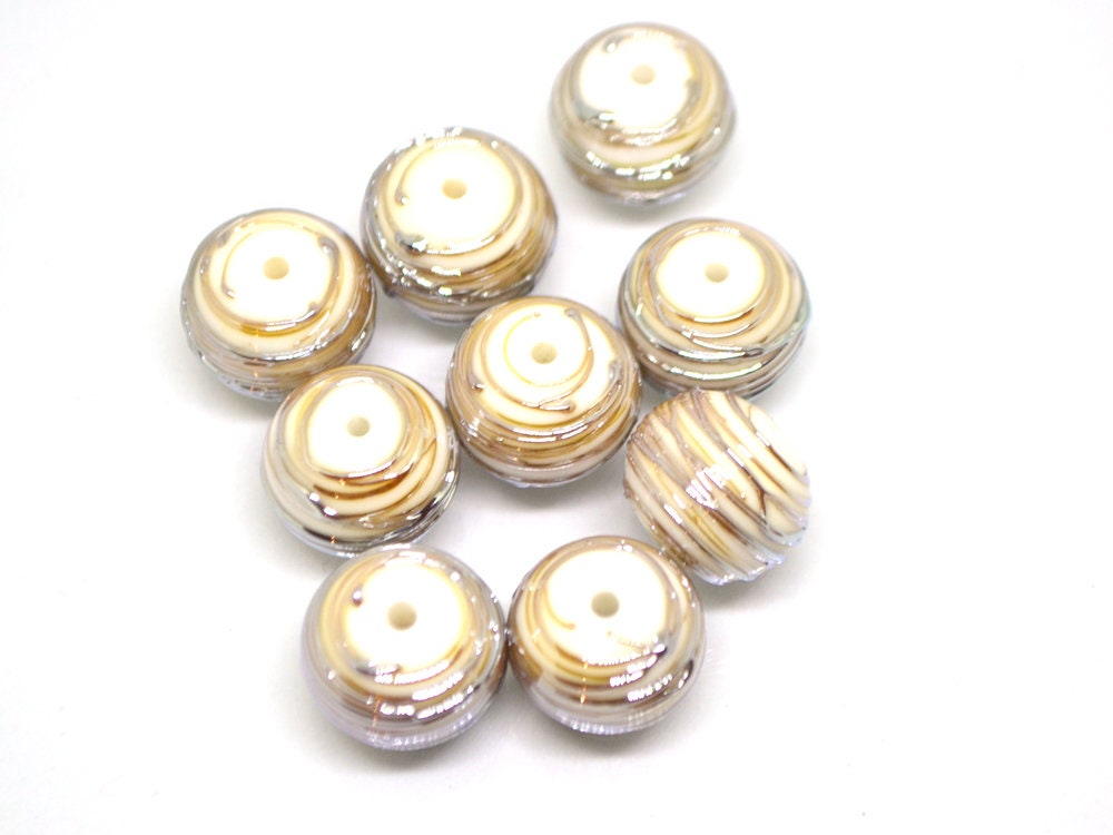 White and gold lampwork glass Beads, Stripes beads, Silver Stains beads, electric beads, Artisan lampwork, Handmade glass beads, beige beads